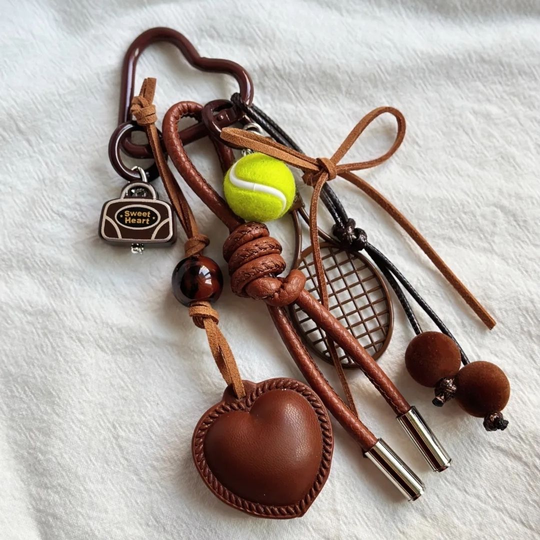 Brown Leather Bow-knot & Tennis Ball Bag Charm