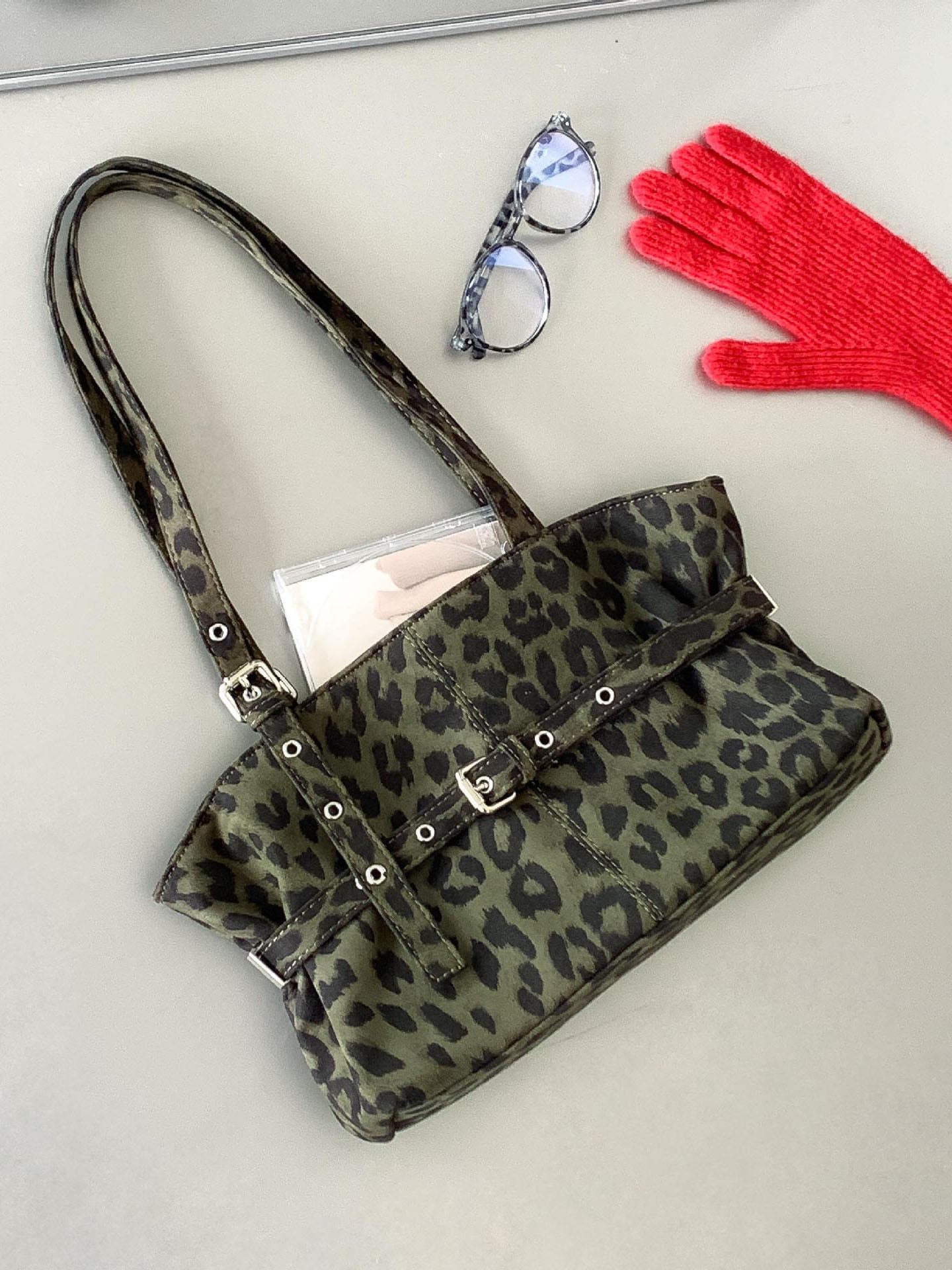 Leopard Print Oversized Shoulder Bag Green