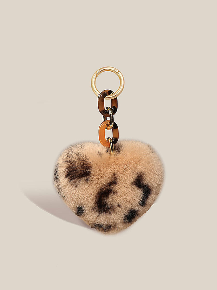 Real Rabbit Fur Leopard Heart Keychain