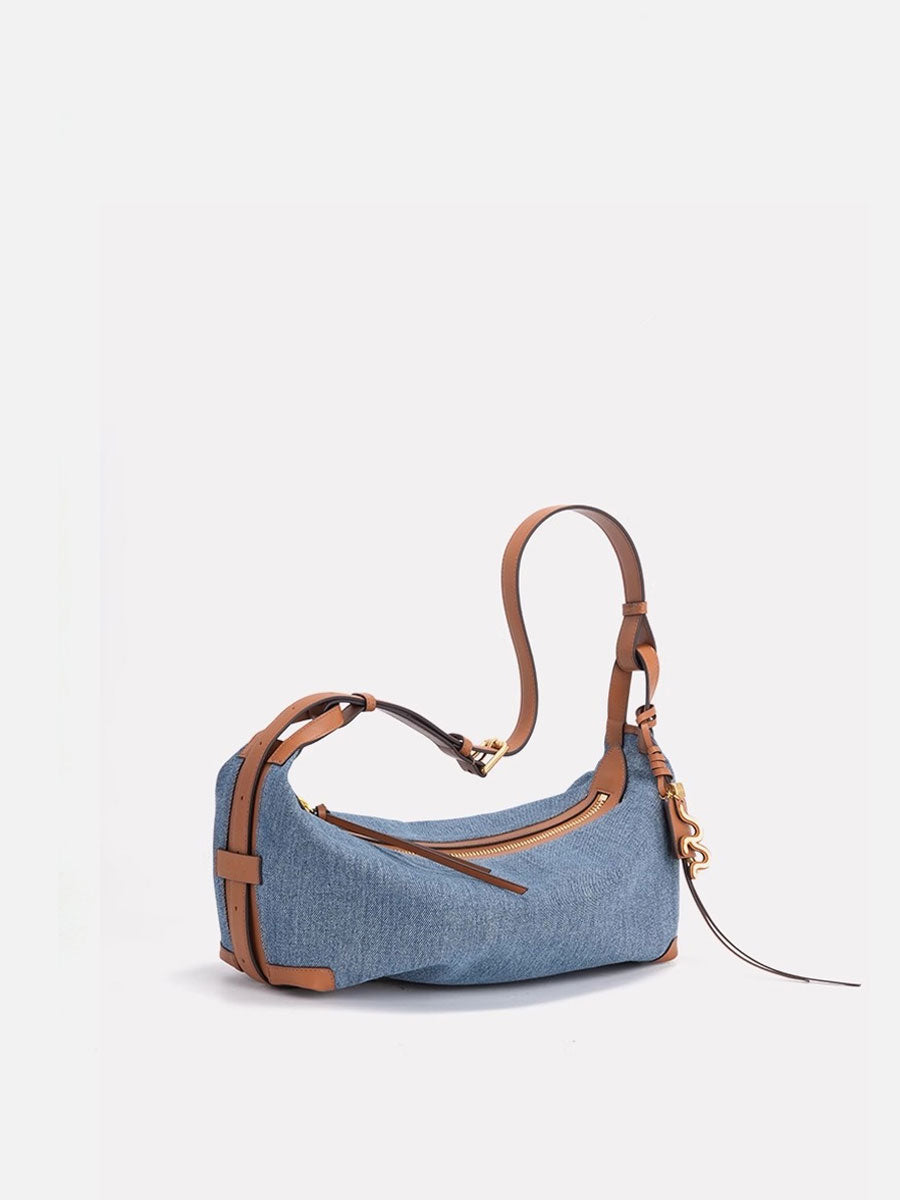 Denim Leather Crescent Baguette Bag Small Size