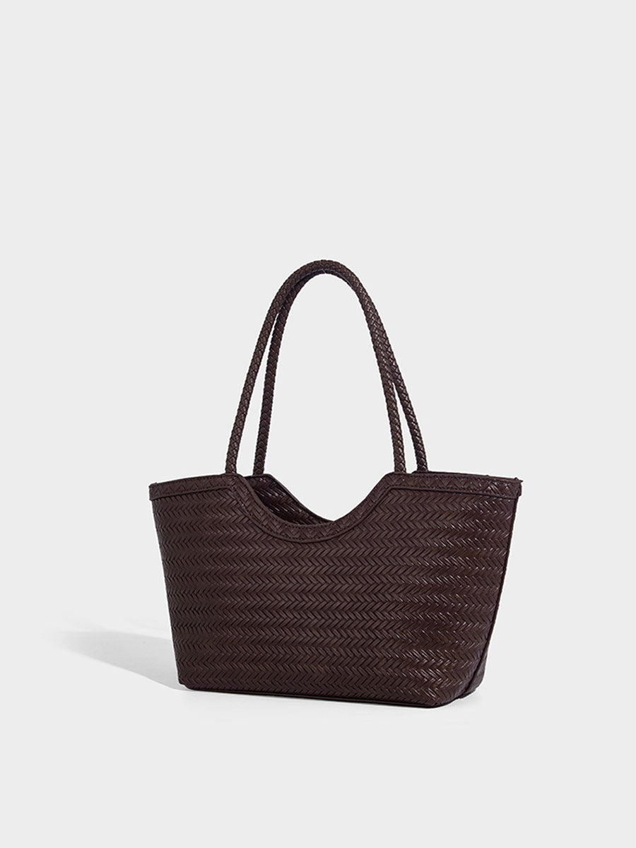 Boho Real Leather Woven Tote Bag Reddish Brown