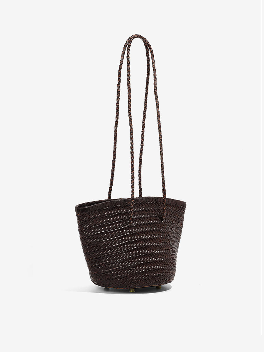 French Vintage Real Leather Bucket Tote White
