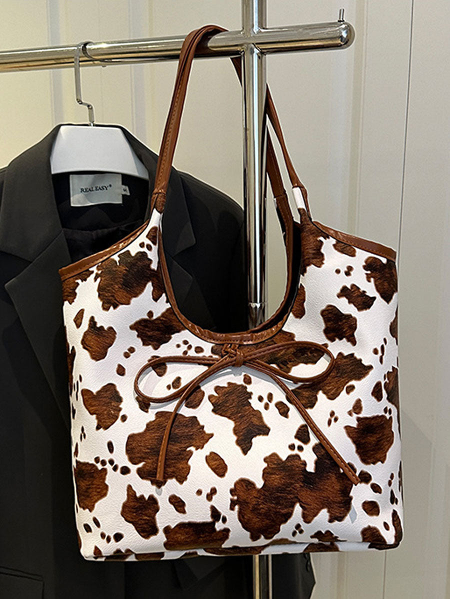 Cow Print Tote Bag with Bow Brown