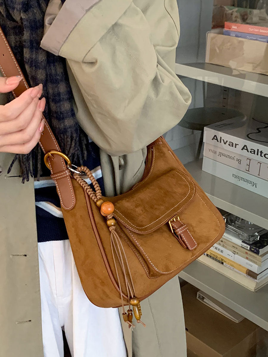 Vintage Suede Commuter Shoulder Bag Khaki