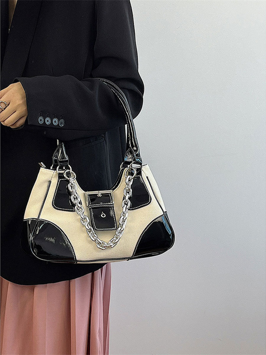 Patent Leather Chain Underarm Shoulder Bag Black