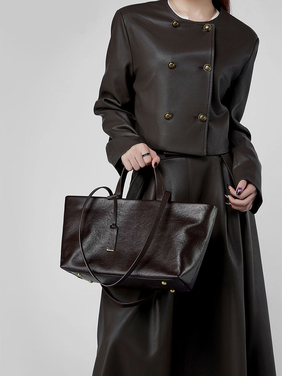 Oversize Genuine Leather Dual Handle Tote Bag Coffee
