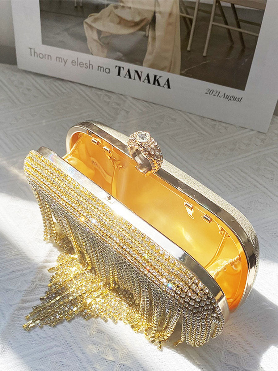 Rhinestone Tassel Clutch Purse Handbag Golden
