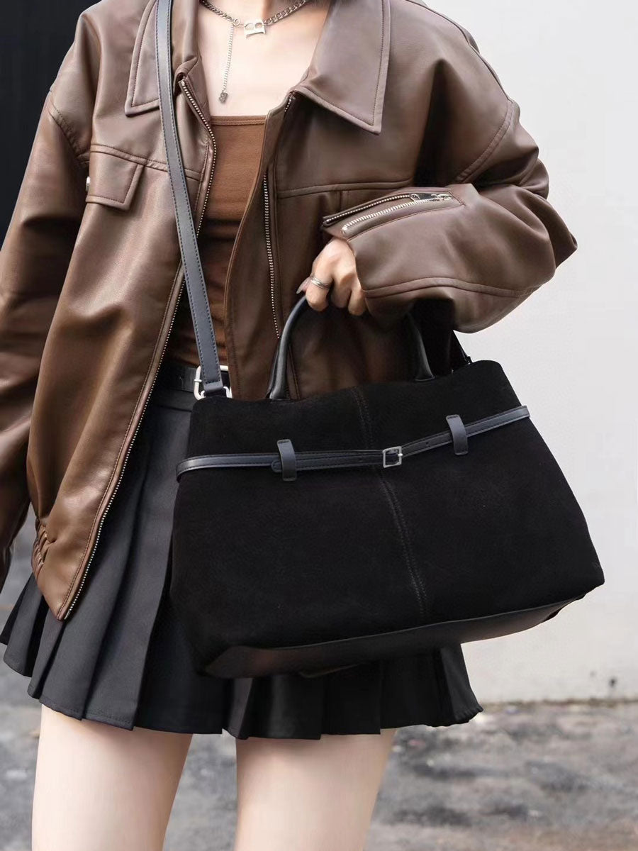 Vintage Suede Tote Bag With Strap Brown Leather