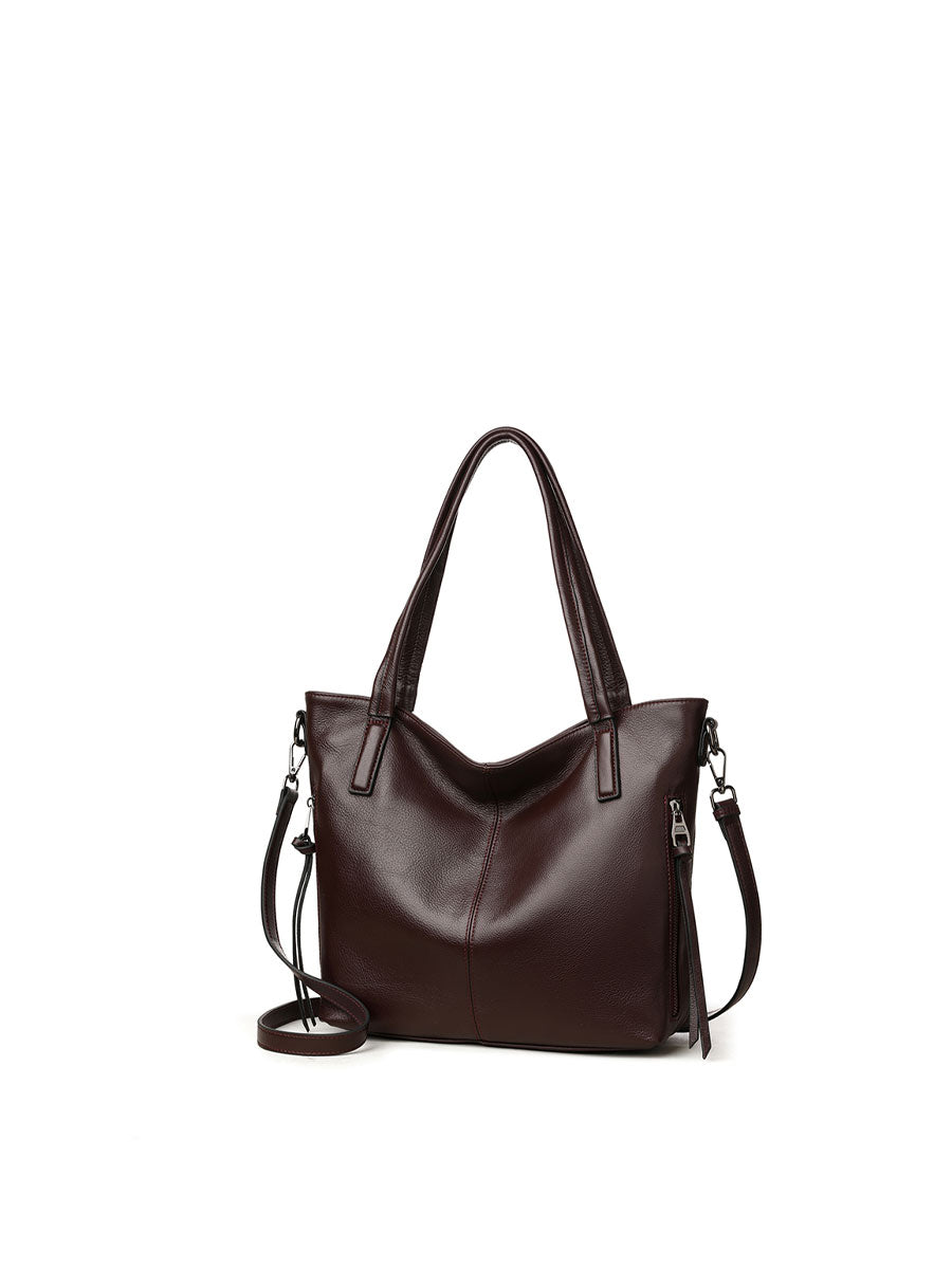 Genuine Leather Tote Bag With Zipper Red