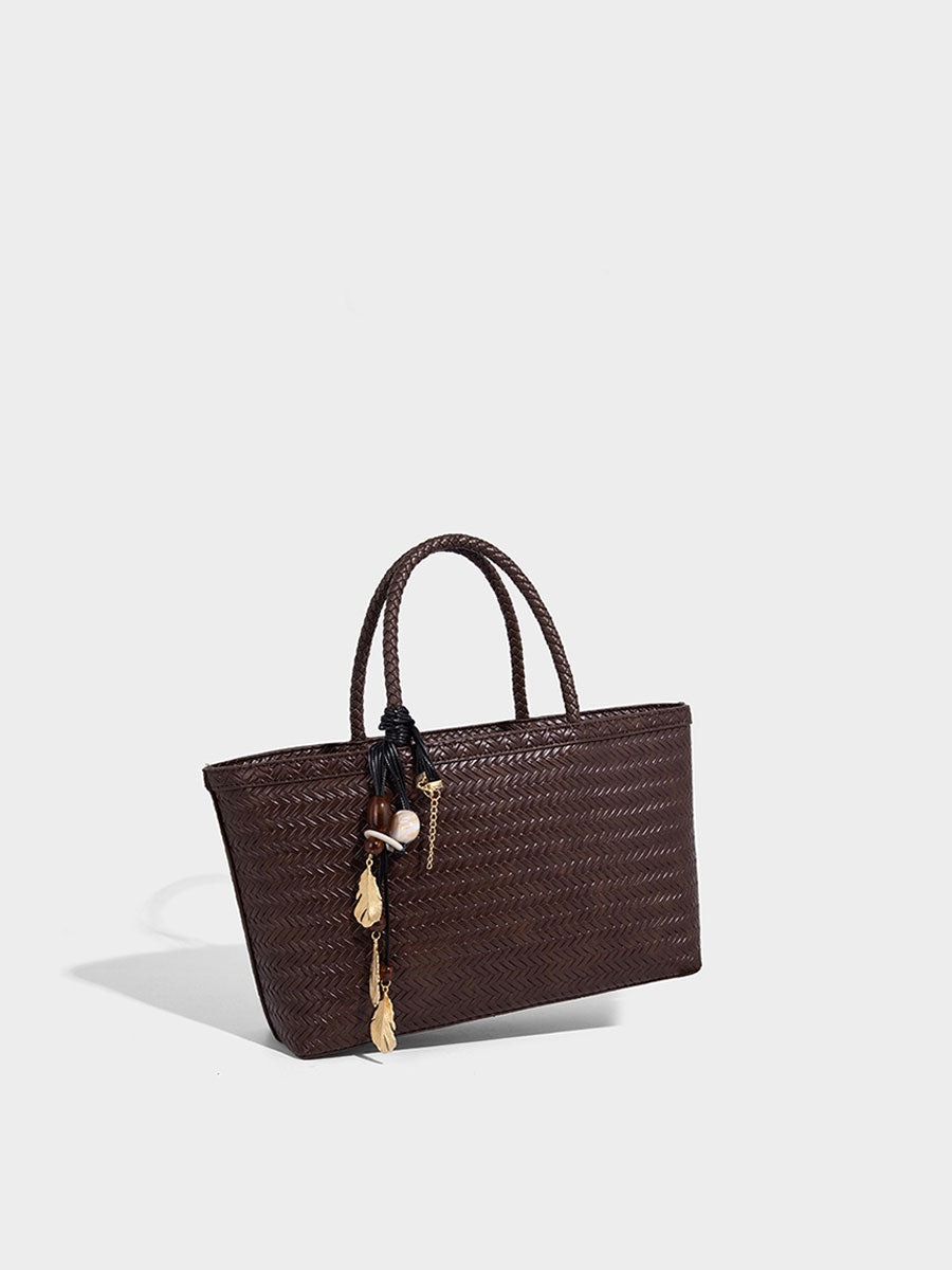 Real Leather Woven Tote Basket Bag White