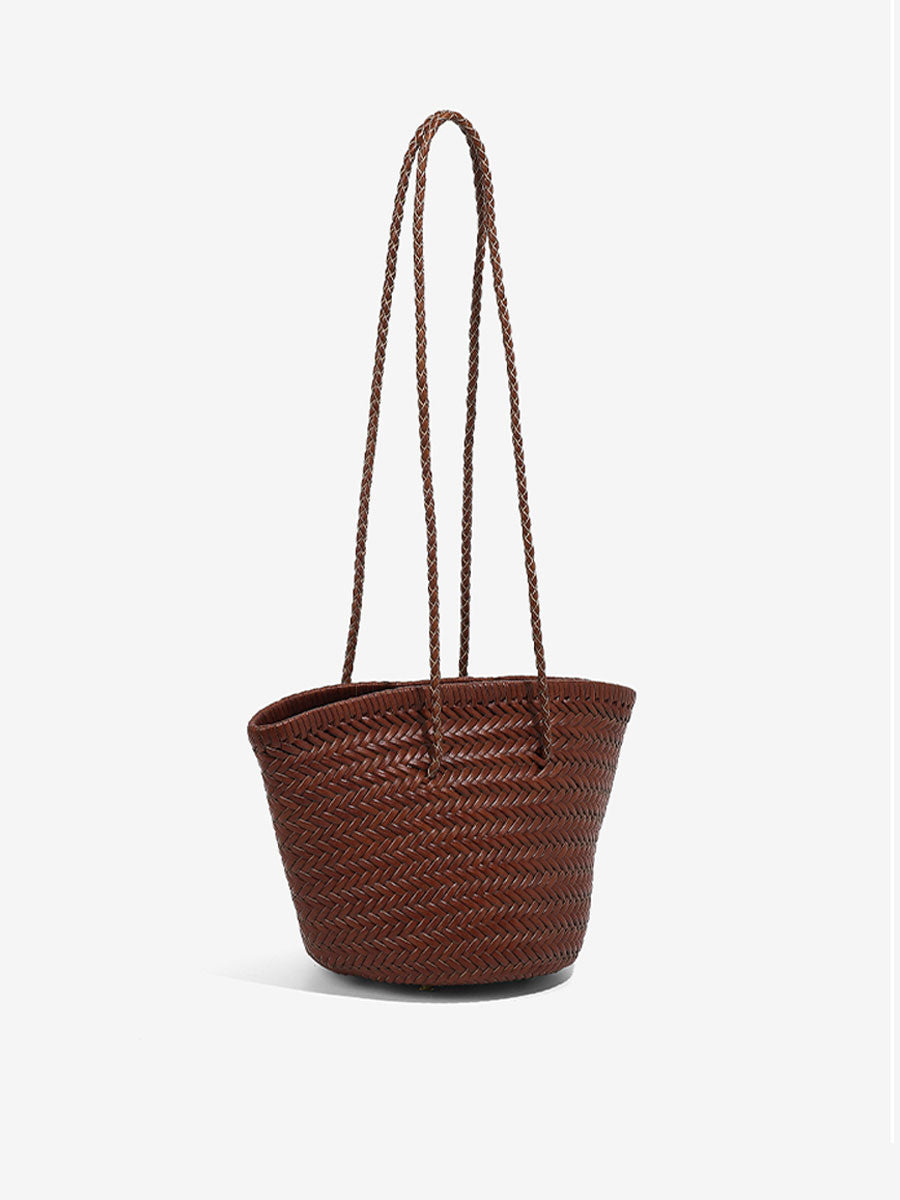 French Vintage Real Leather Bucket Tote White