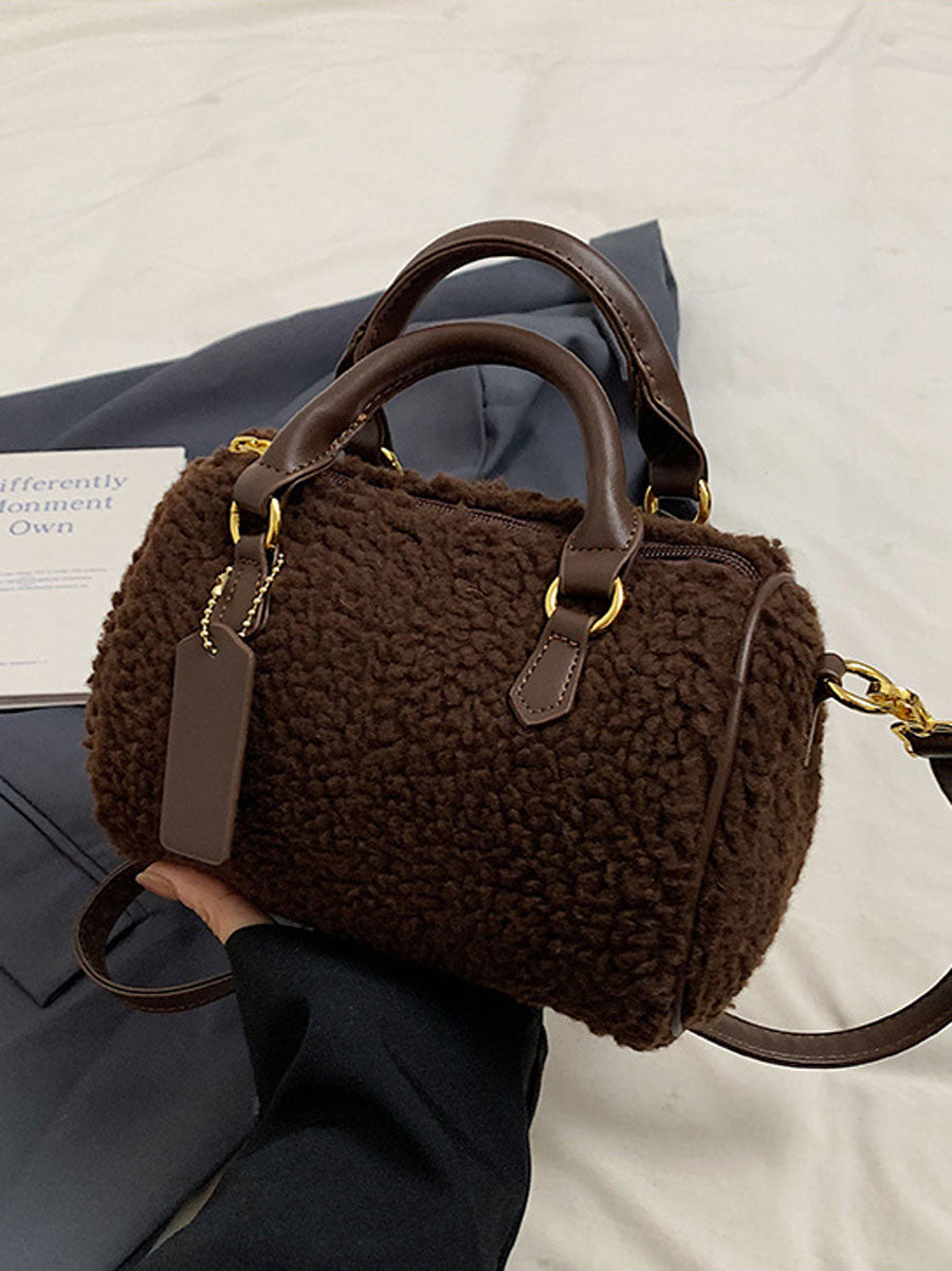 Winter Plush Boston Crossbody Bag Beige
