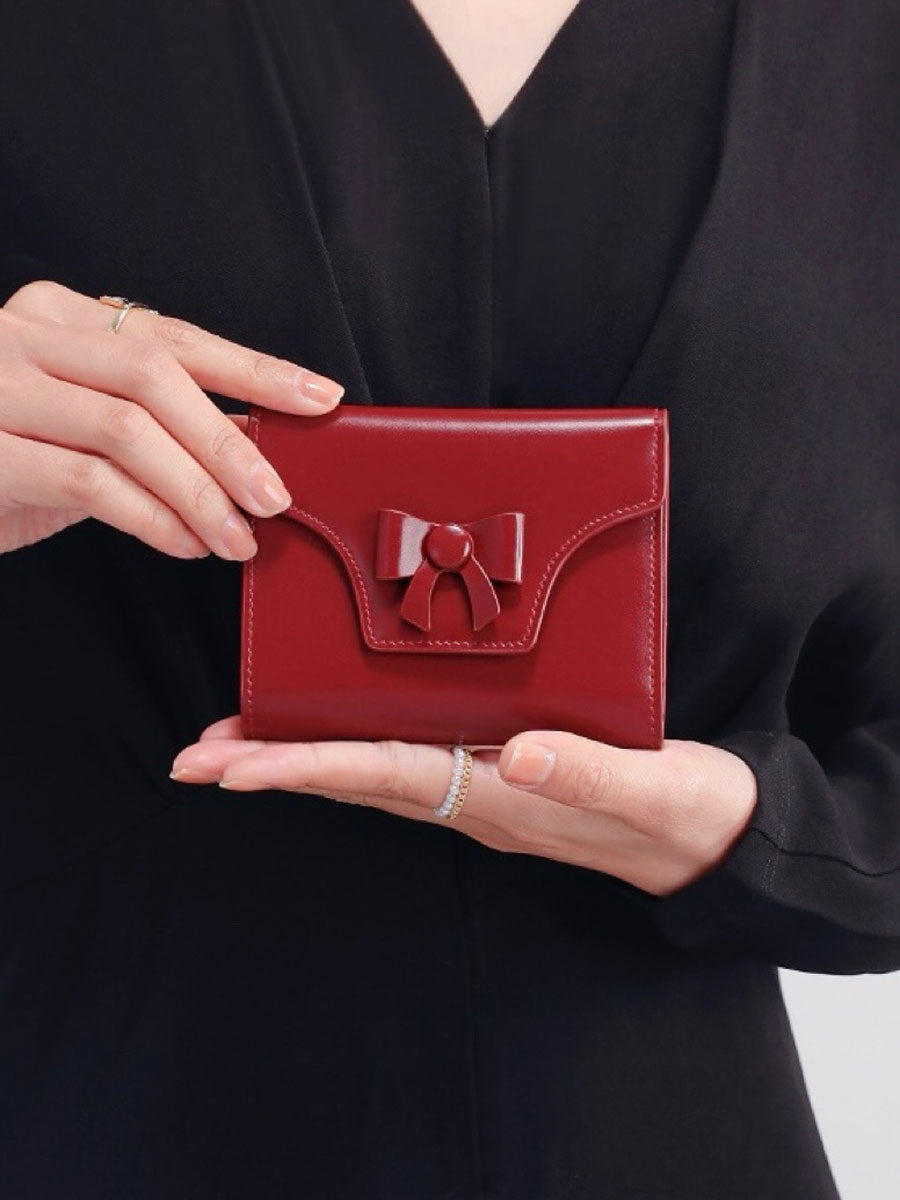 Genuine Leather Bow Short Wallet Red