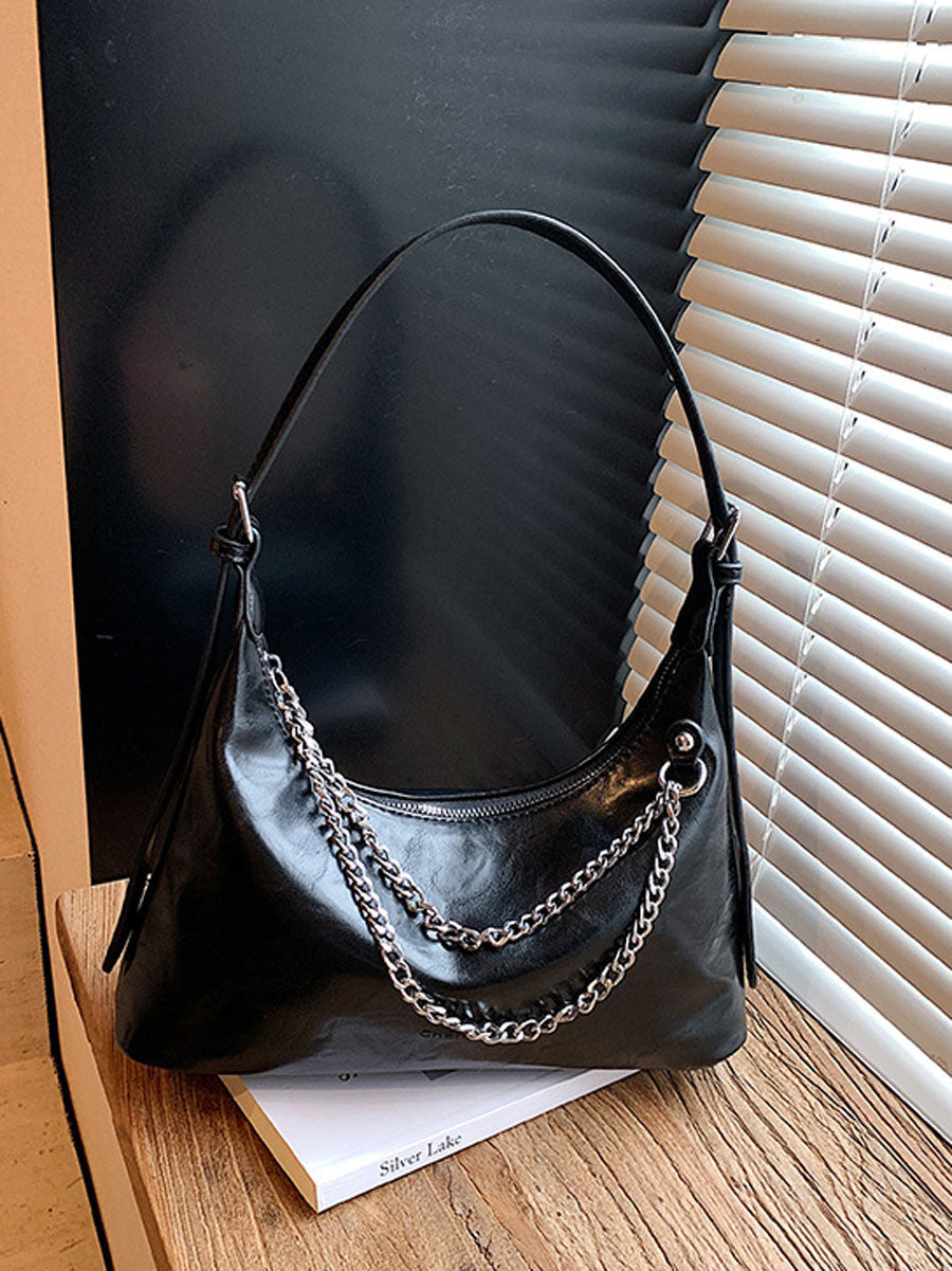 Chic Leather Underarm Bag with Chain White