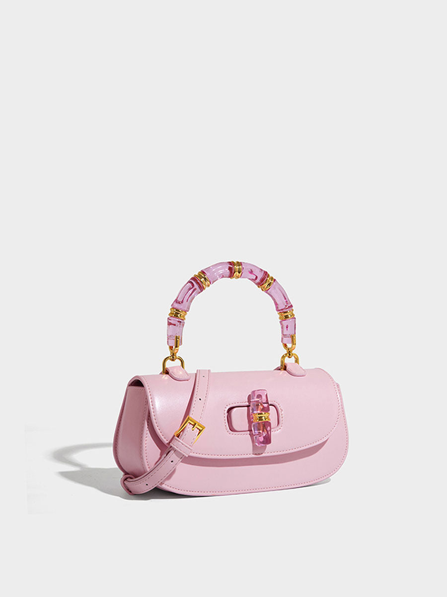 Macaron Leather Saddle Bag with Crystal Handle Black