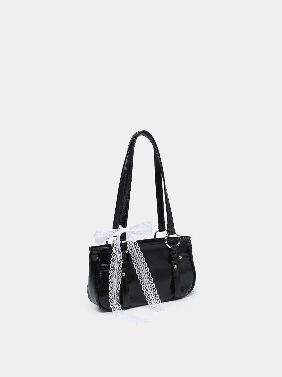 Vintage Shoulder Bag with Lace Bow Black