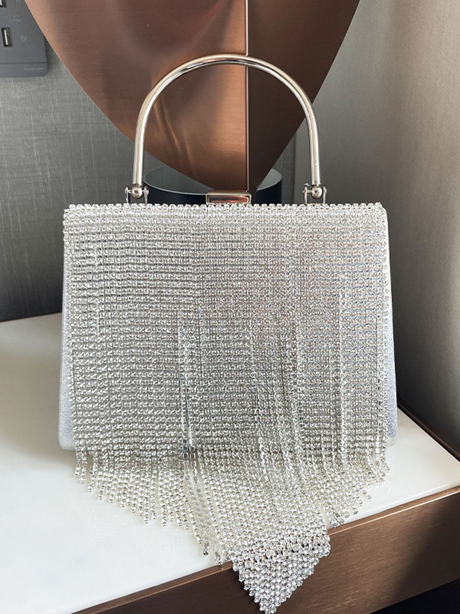 Box Rhinestone Tassel Handbag Silver