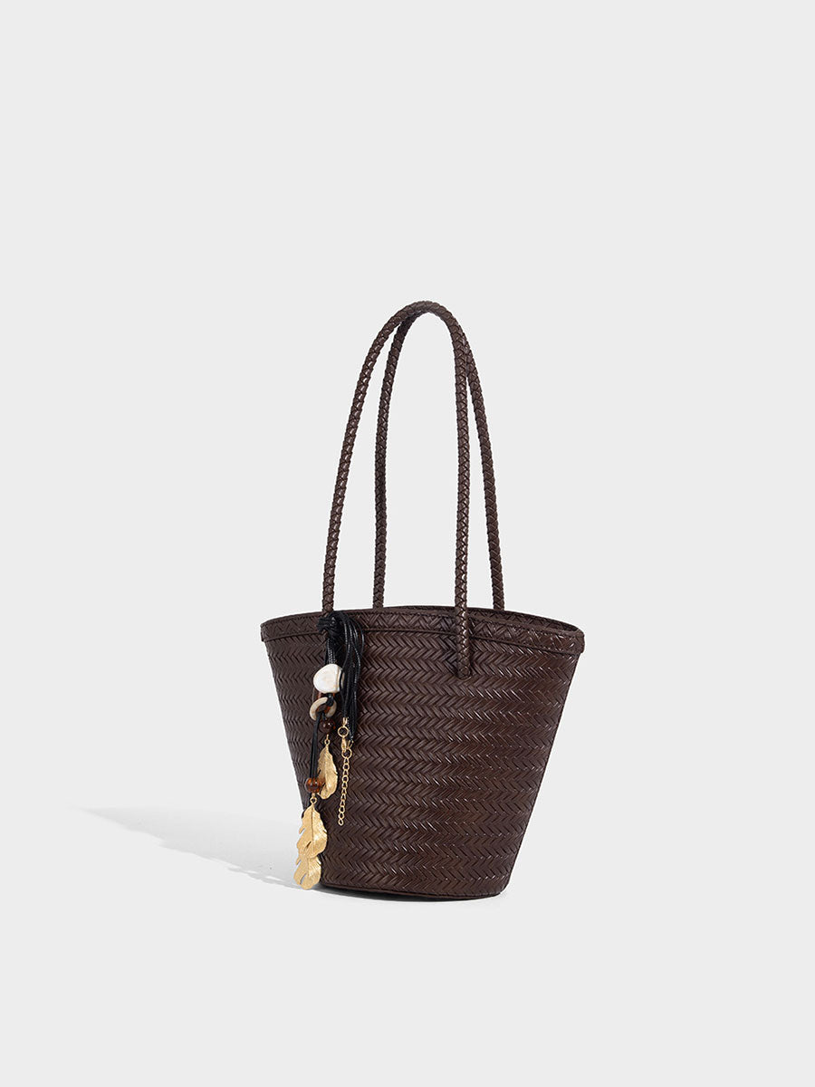 Boho Real Leather Woven Bucket Tote Bag Black