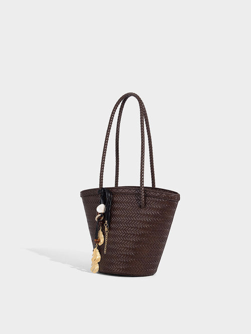 Boho Real Leather Woven Bucket Tote Bag Coffee