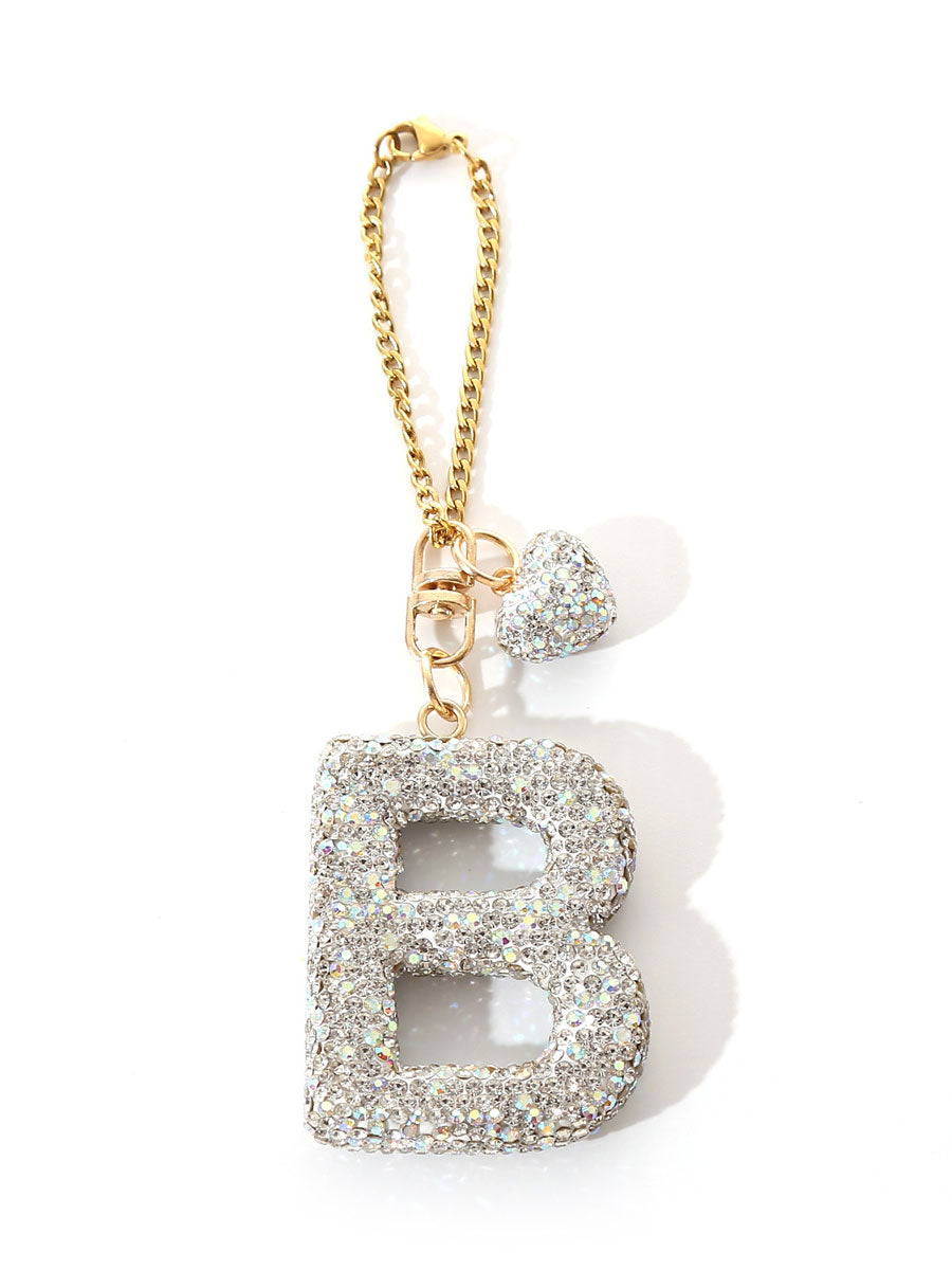 Custom Rhinestone Letter Heart Keychain