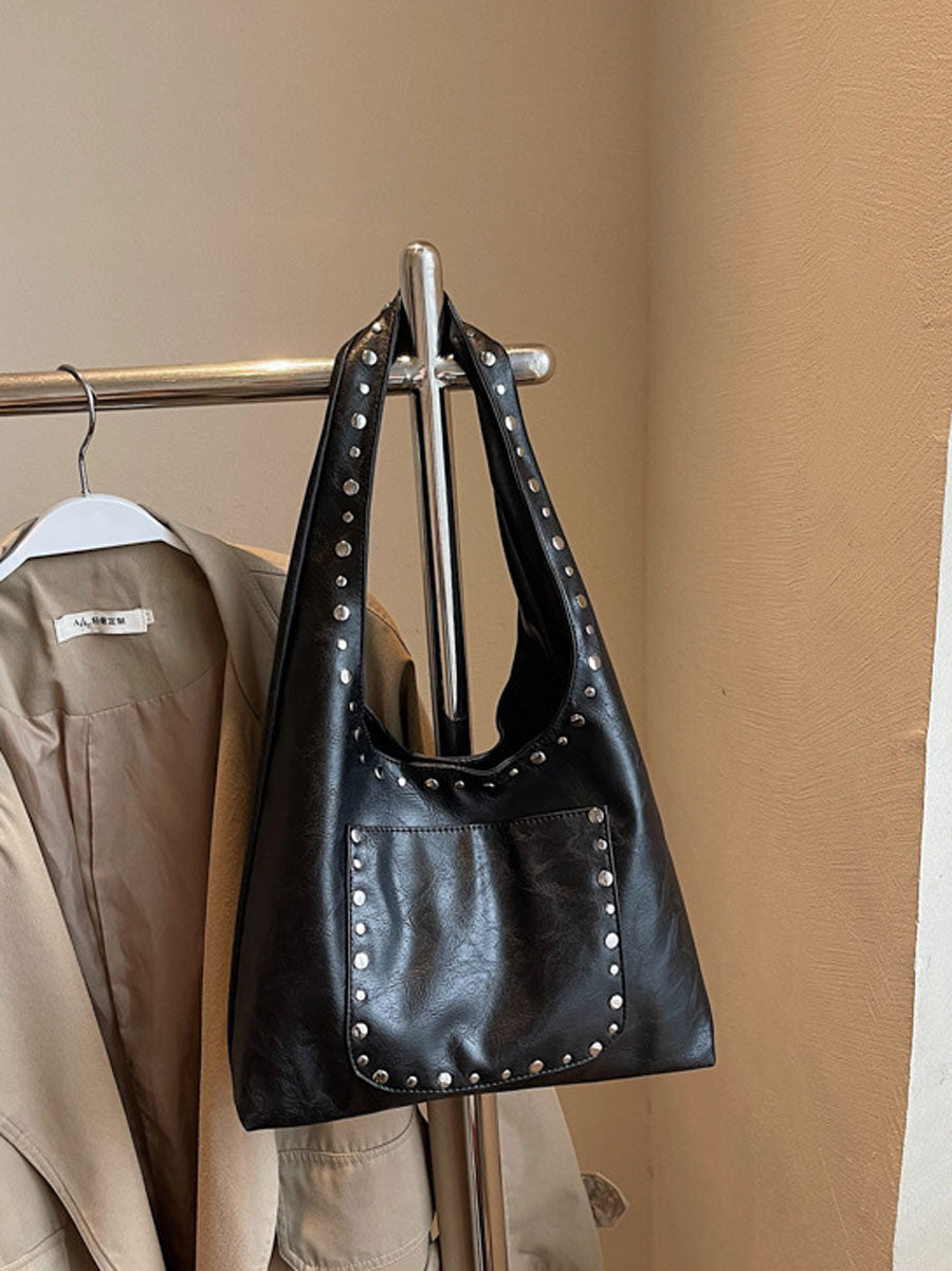 Studded Soft Leather Shoulder Tote Handbag Beige