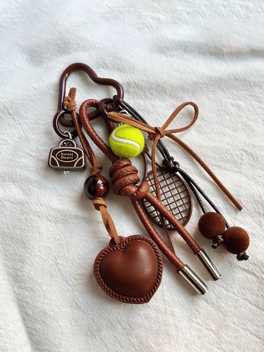 Brown Leather Bow-knot & Tennis Ball Bag Charm