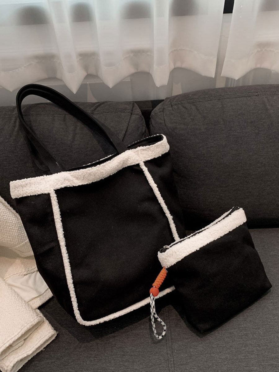 Cozy Sherpa Trim Tote Bag Black