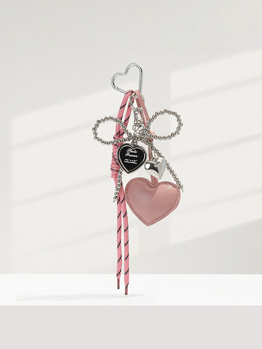 Silver Bead Bow Bag Charm – Chic Leather Heart Keychain Pendant for Women