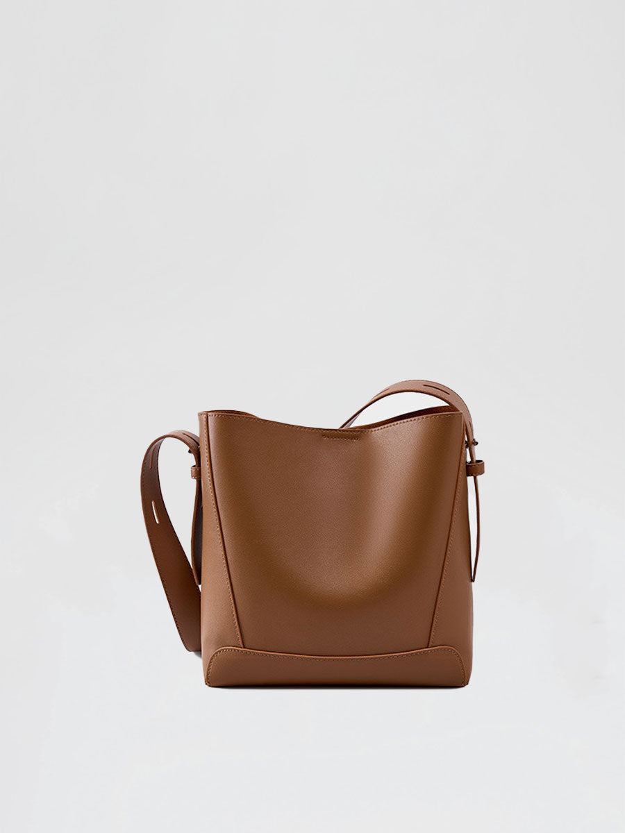 Genuine Leather Bucket Bag Adjustable Strap Brown
