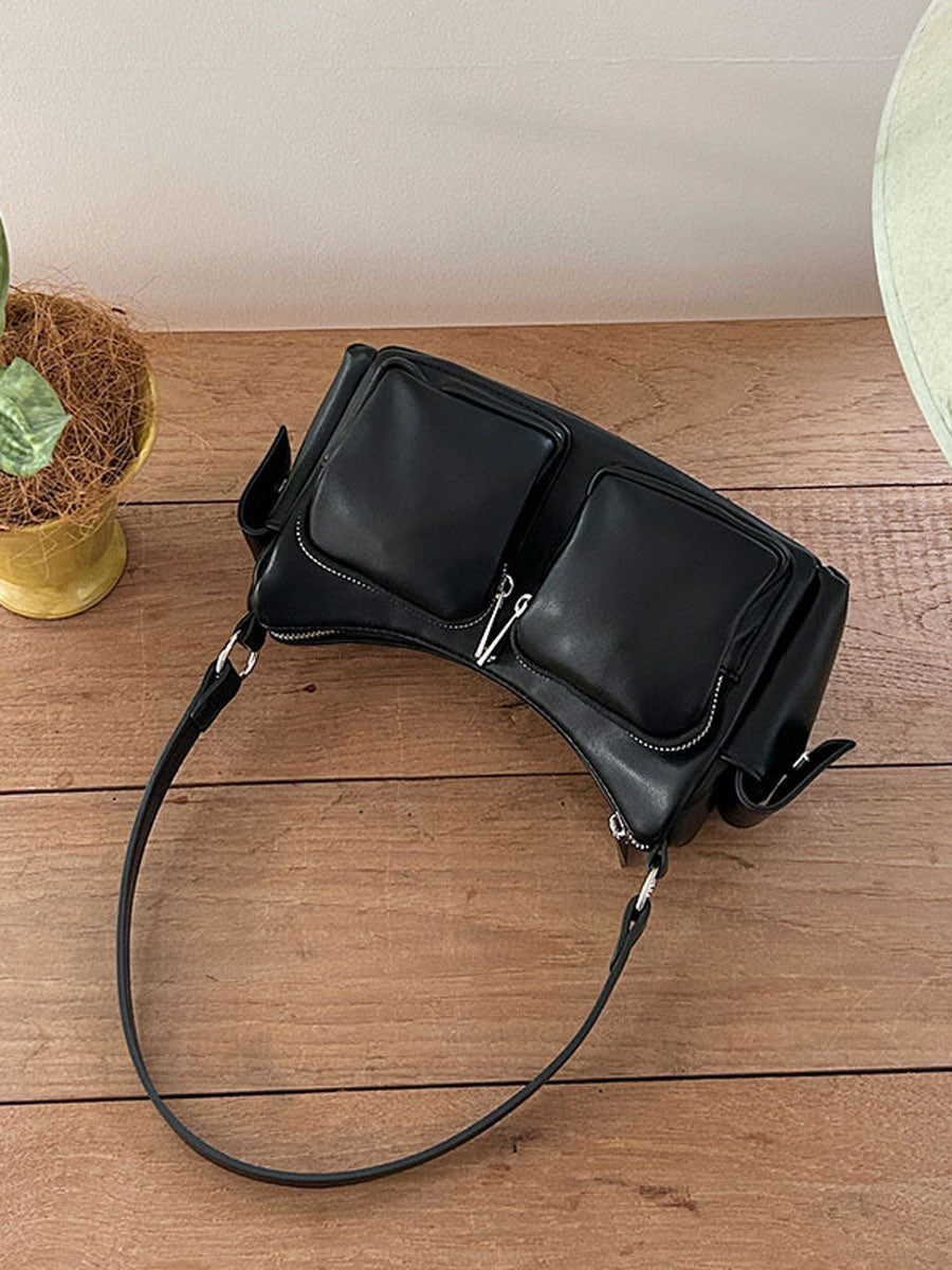 Trendy Shoulder Baguette Bag with Pockets White