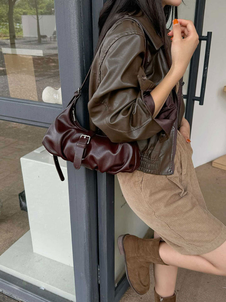 Leather Buckle Shoulder Bag Brown
