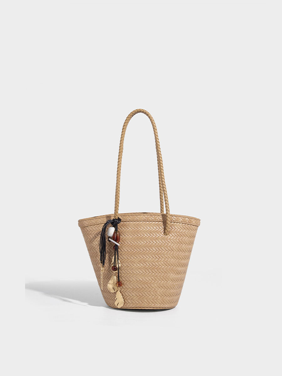 Boho Real Leather Woven Bucket Tote Bag Black