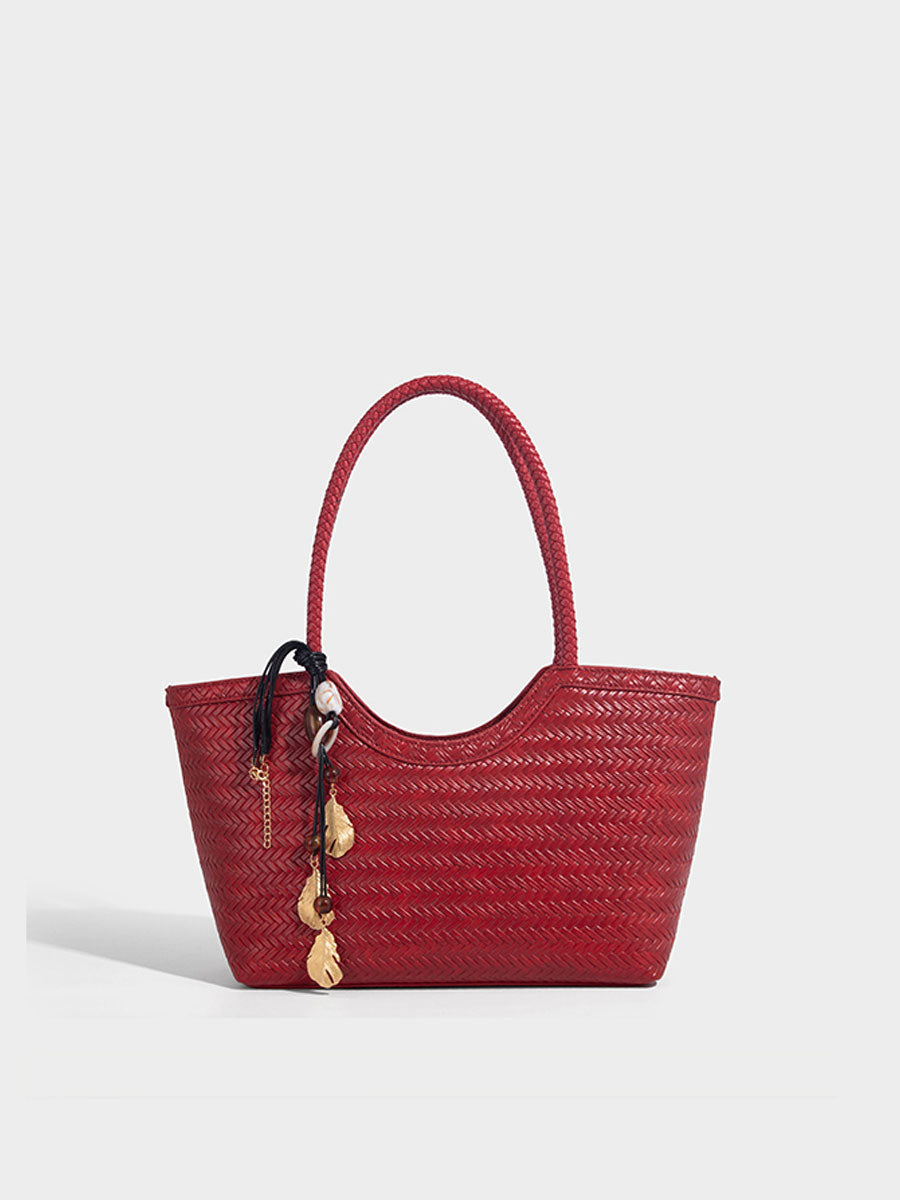 Boho Real Leather Woven Tote Bag Reddish Brown
