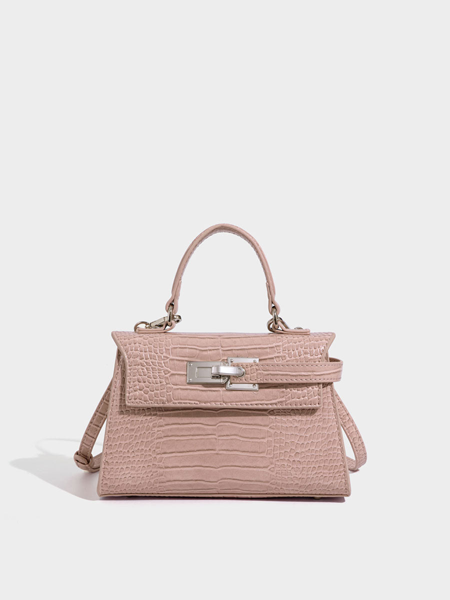 Genuine Leather Croc Embossed Trapeze Crossbody Bag Pink