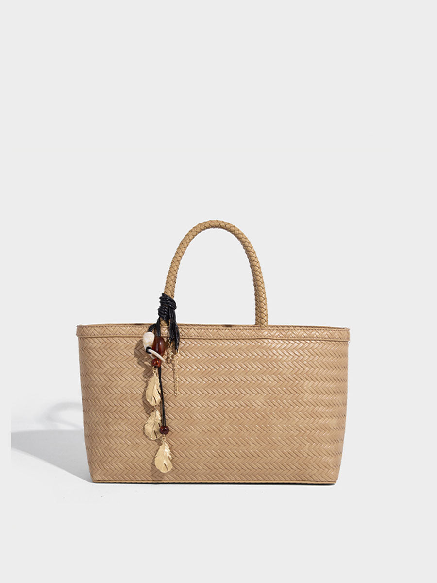 Real Leather Woven Tote Basket Bag White