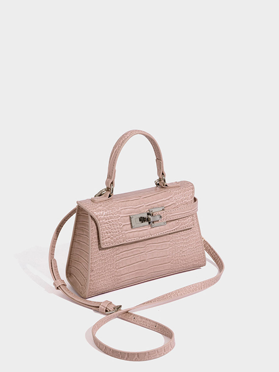 Genuine Leather Croc Embossed Trapeze Crossbody Bag Pink