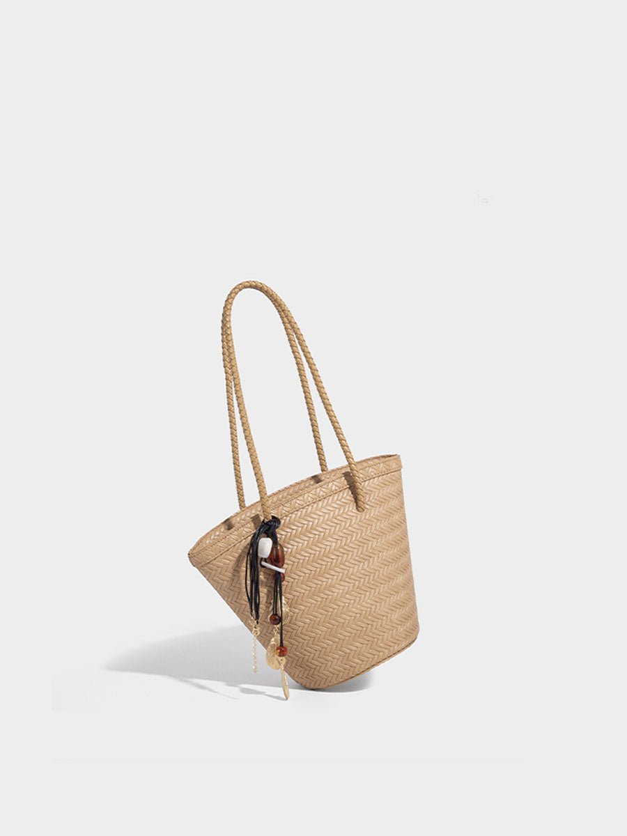 Boho Real Leather Woven Bucket Tote Bag Black