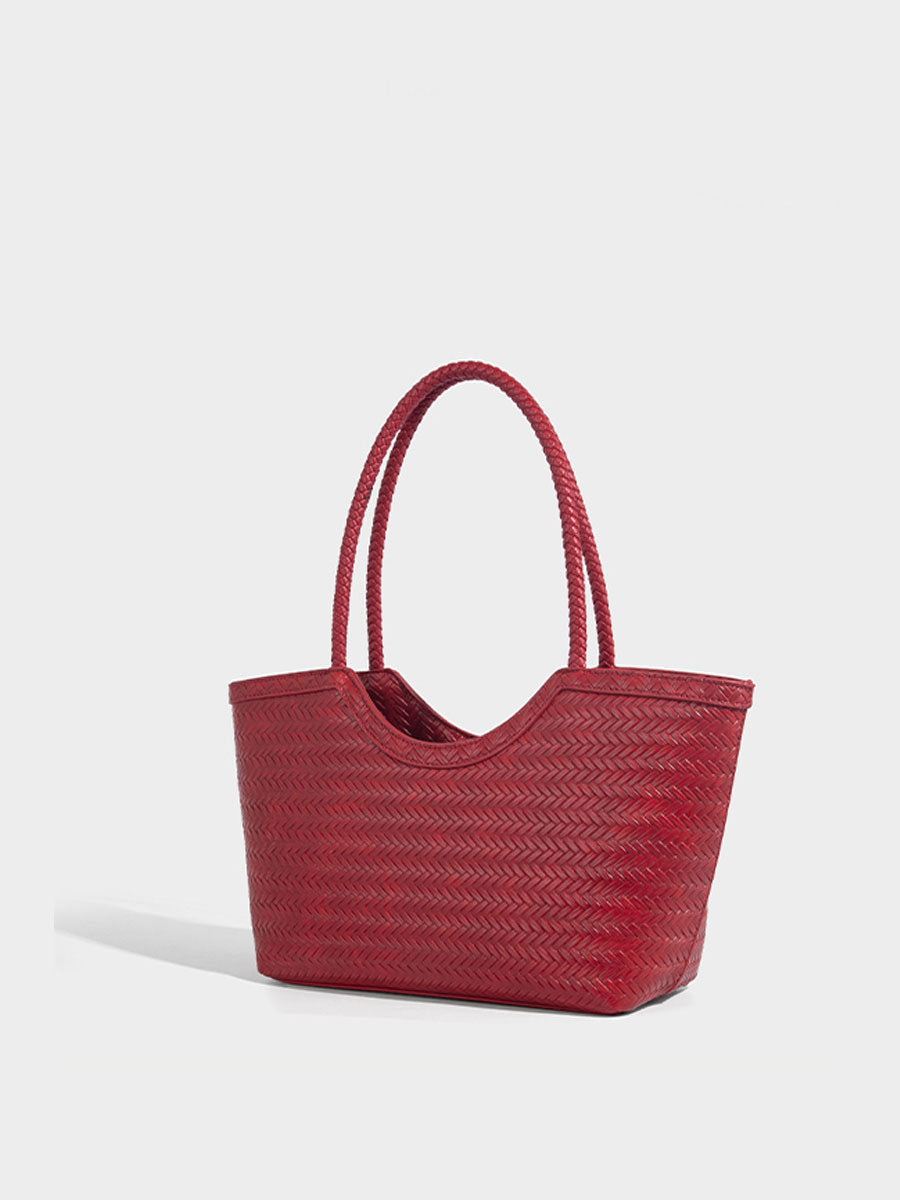 Boho Real Leather Woven Tote Bag Reddish Brown
