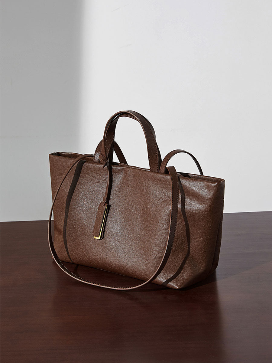 Oversize Genuine Leather Dual Handle Tote Bag Coffee