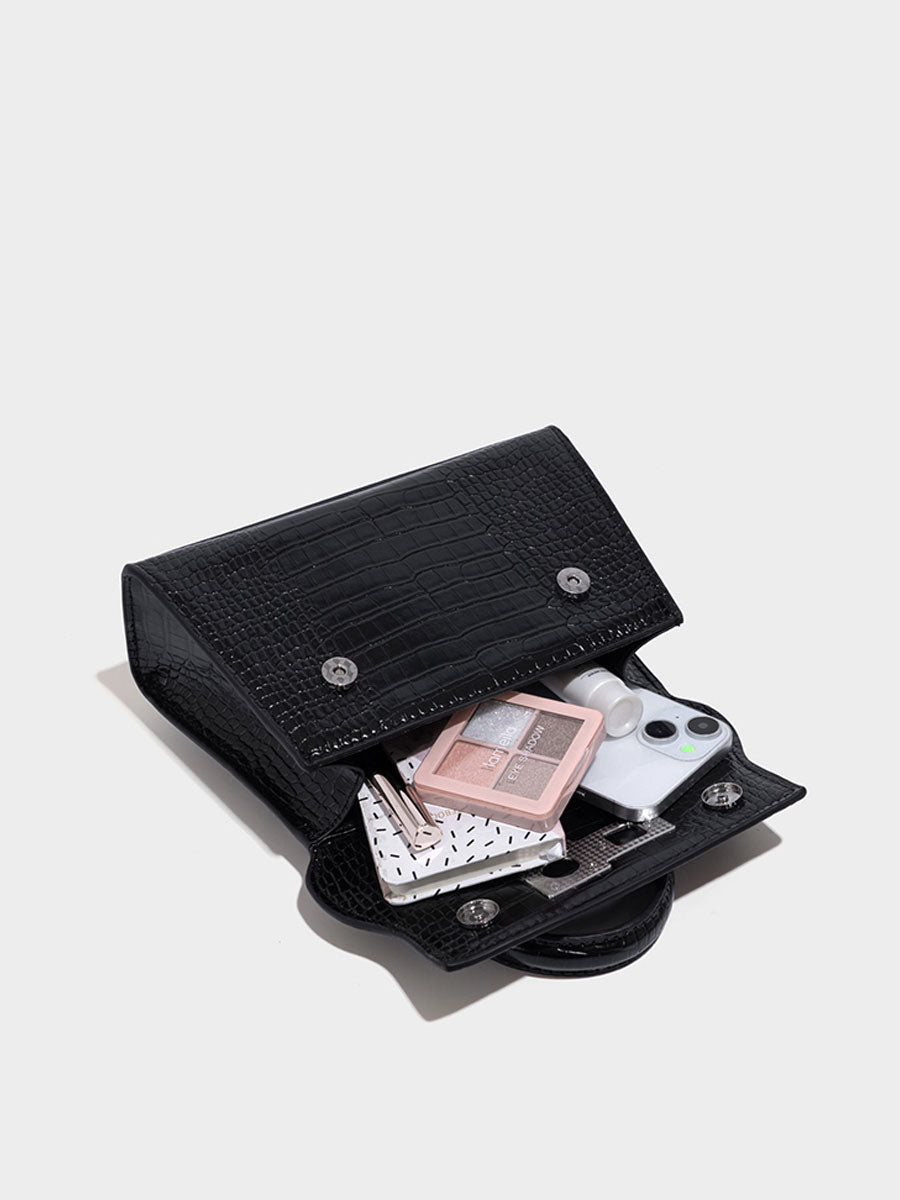 Genuine Leather Croc Embossed Trapeze Crossbody Bag Pink