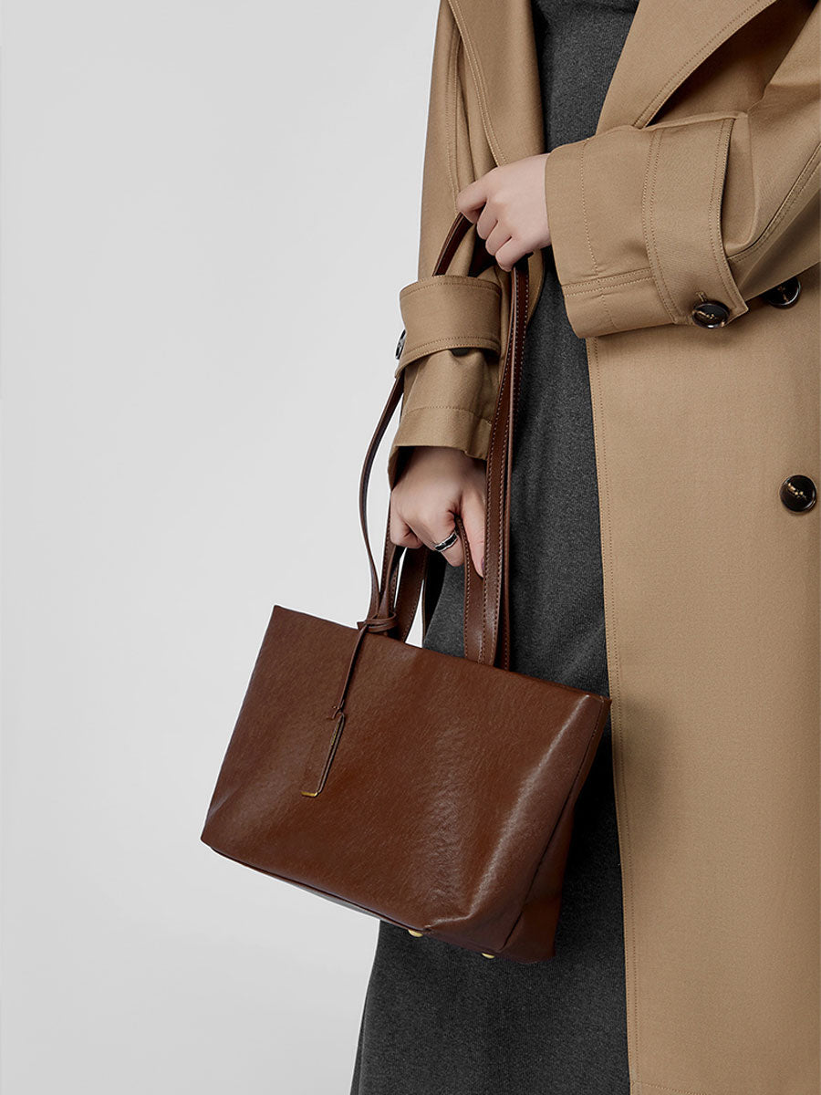 Oversize Genuine Leather Dual Handle Tote Bag Coffee