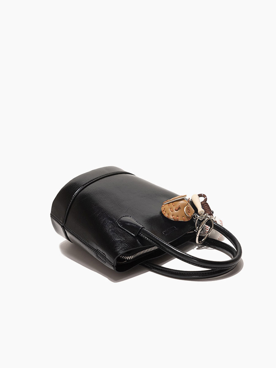 Genuine Patent Leather Bucket Bag Black