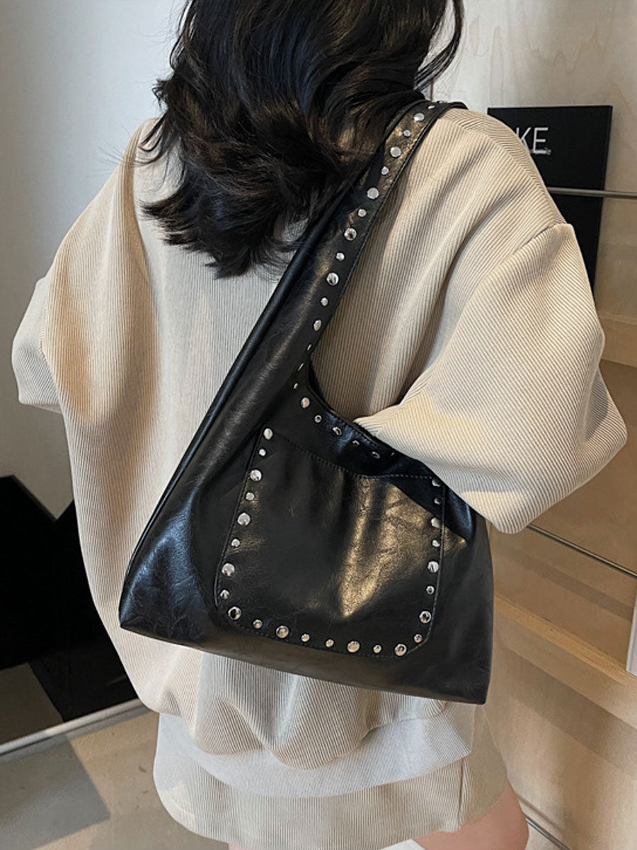 Studded Soft Leather Shoulder Tote Handbag Beige