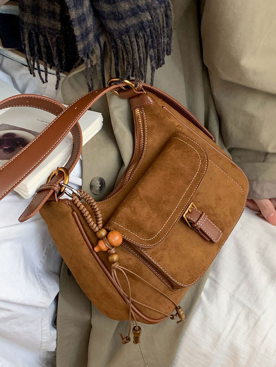Vintage Suede Commuter Shoulder Bag Khaki