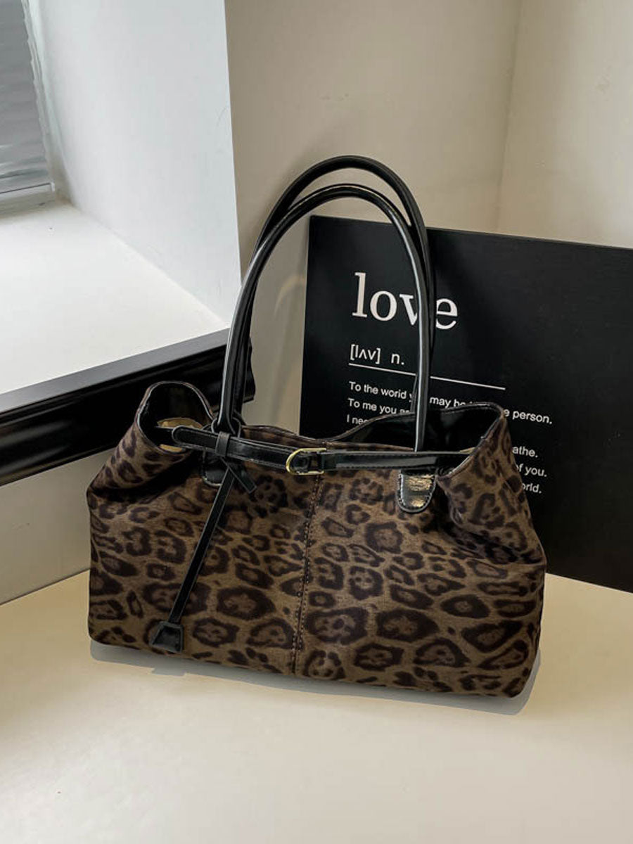 Vintage Suede Tote Bag Large Capacity Brown Leopard