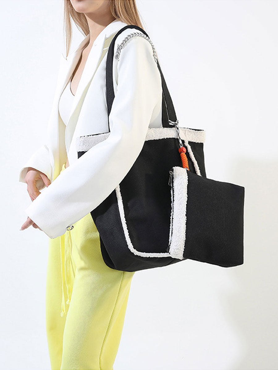 Cozy Sherpa Trim Tote Bag Black