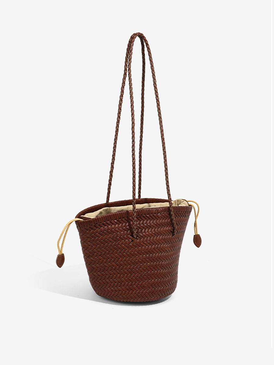 French Vintage Real Leather Bucket Tote White