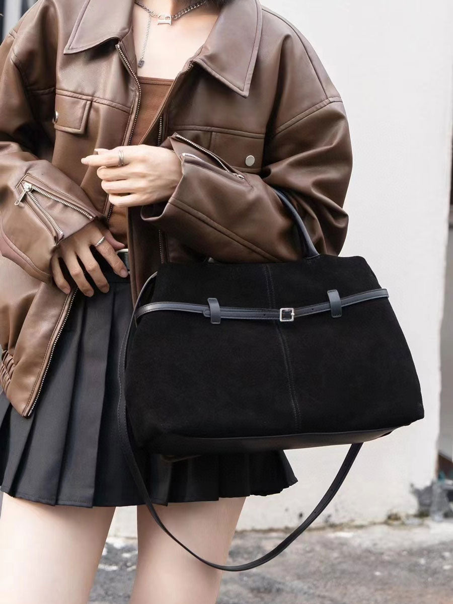 Vintage Suede Tote Bag With Strap Brown Leather
