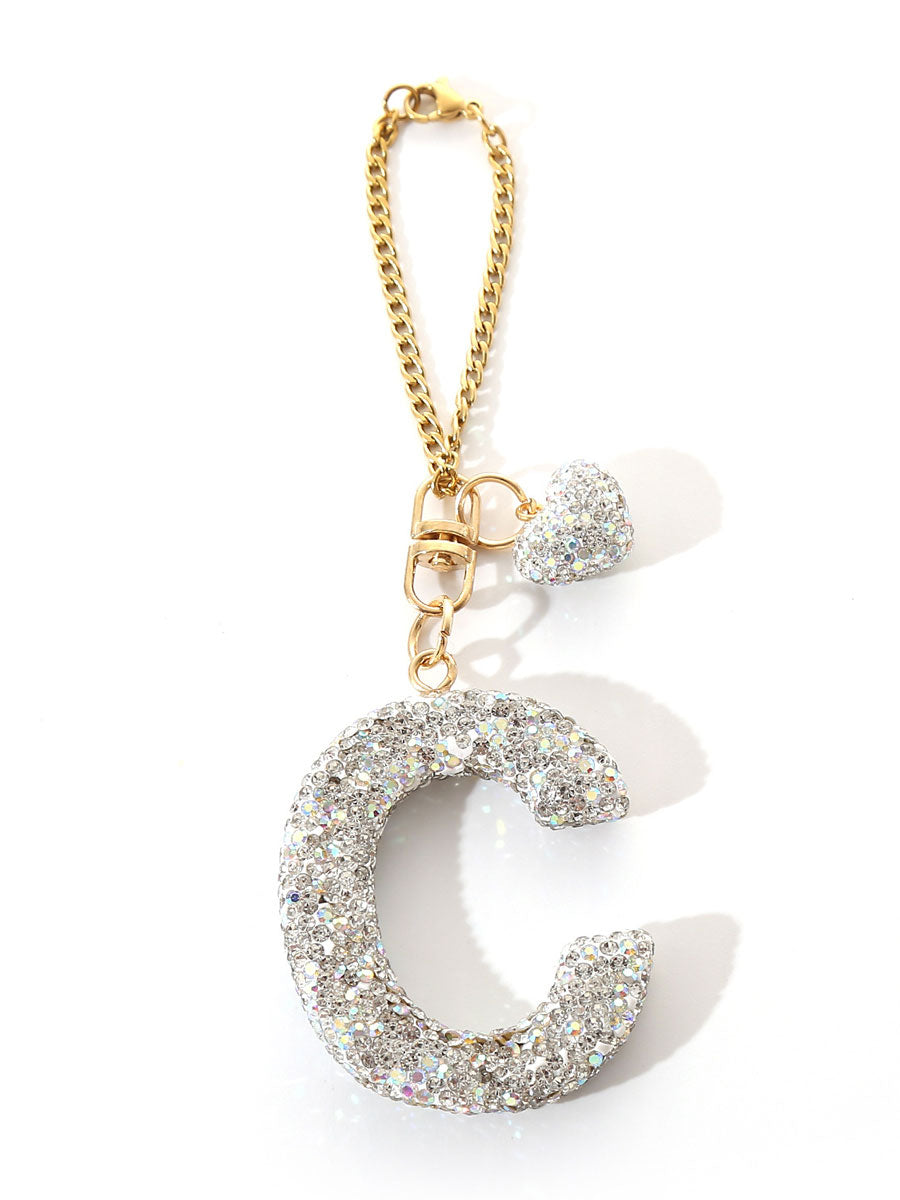 Custom Rhinestone Letter Heart Keychain