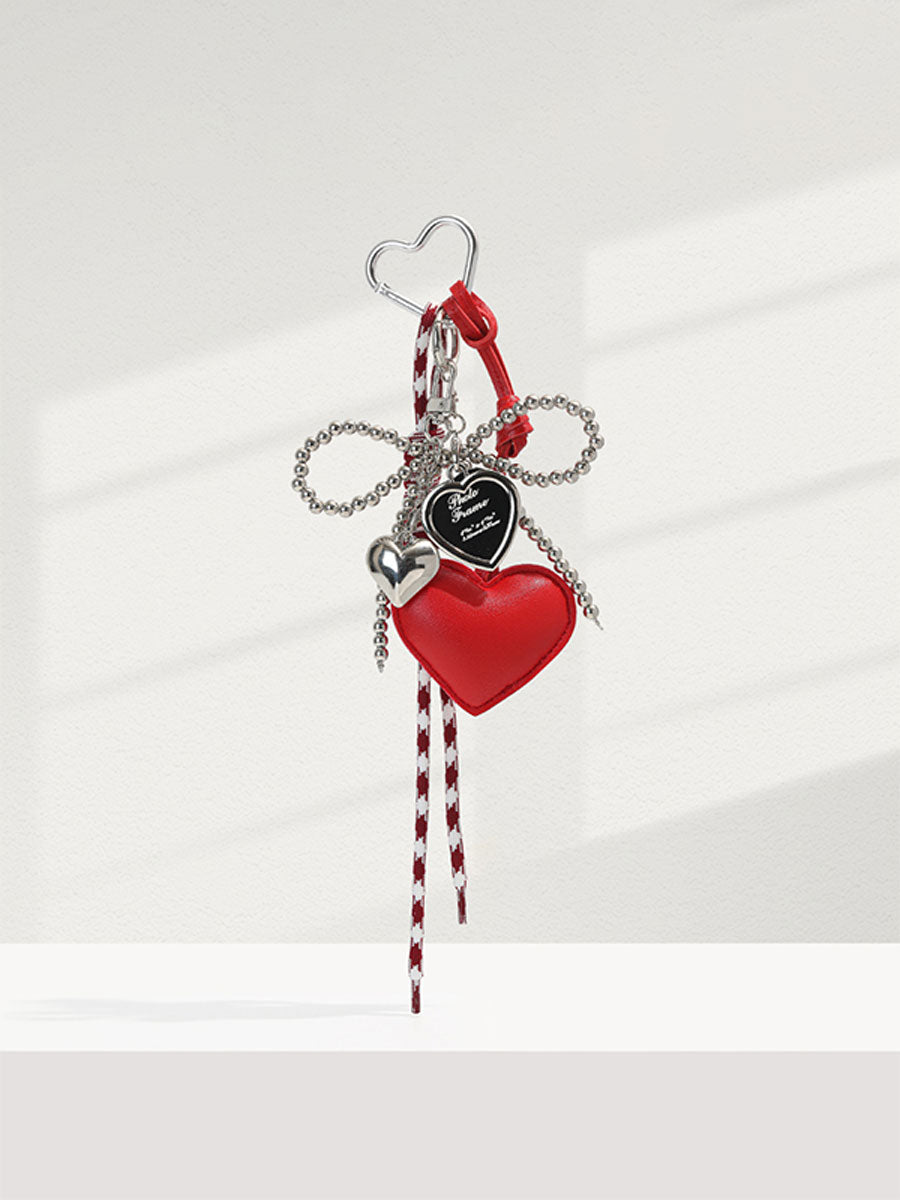 Silver Bead Bow Bag Charm – Chic Leather Heart Keychain Pendant for Women